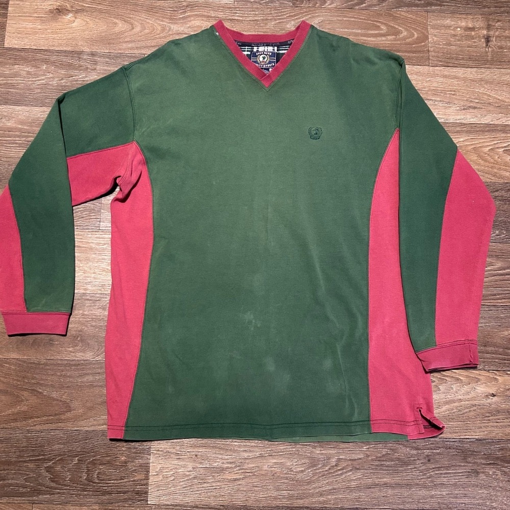 Duck Head Varsity Sports V Neck Long Sleeve Green Red Color Block Cotton Mens L